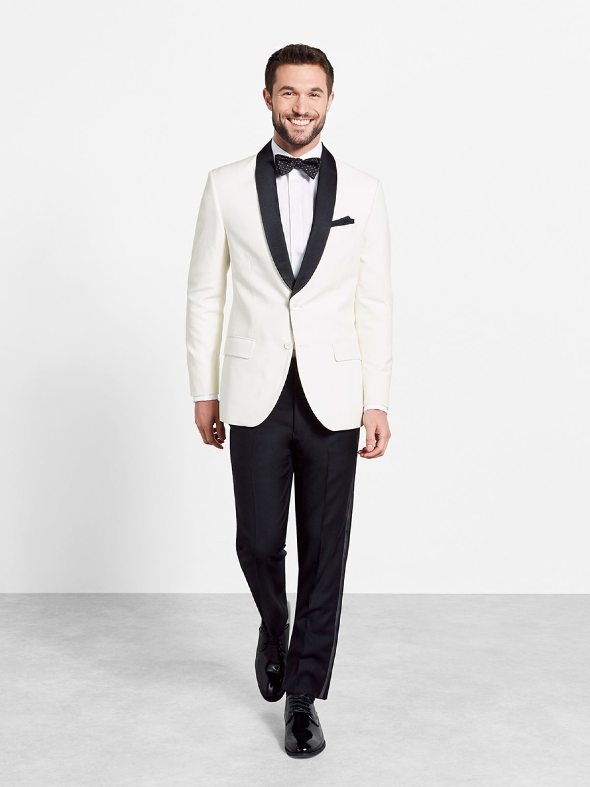 Rice White Tuxedo With Satin Black Shawn Lapels 